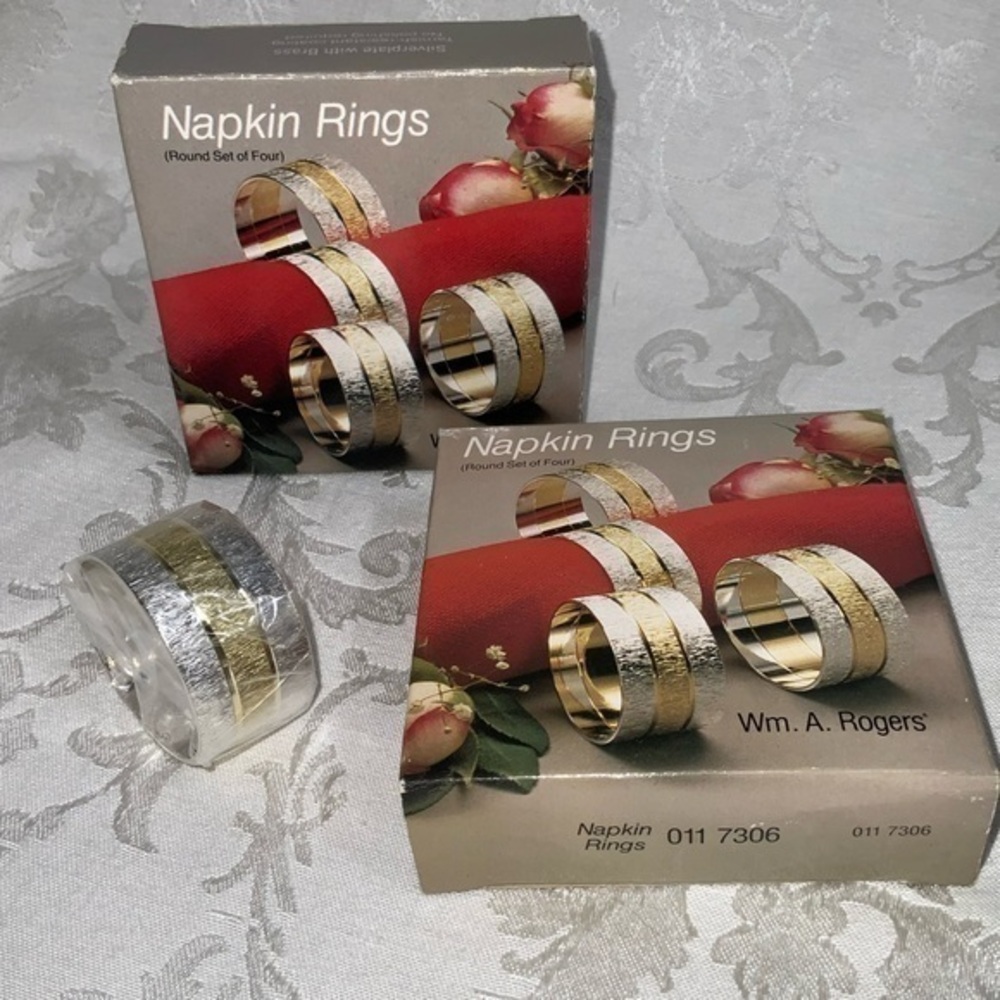 Vintage Oneida Holiday Silver Plated & Brass Napkin Rings; 2 Boxes Of 4 New